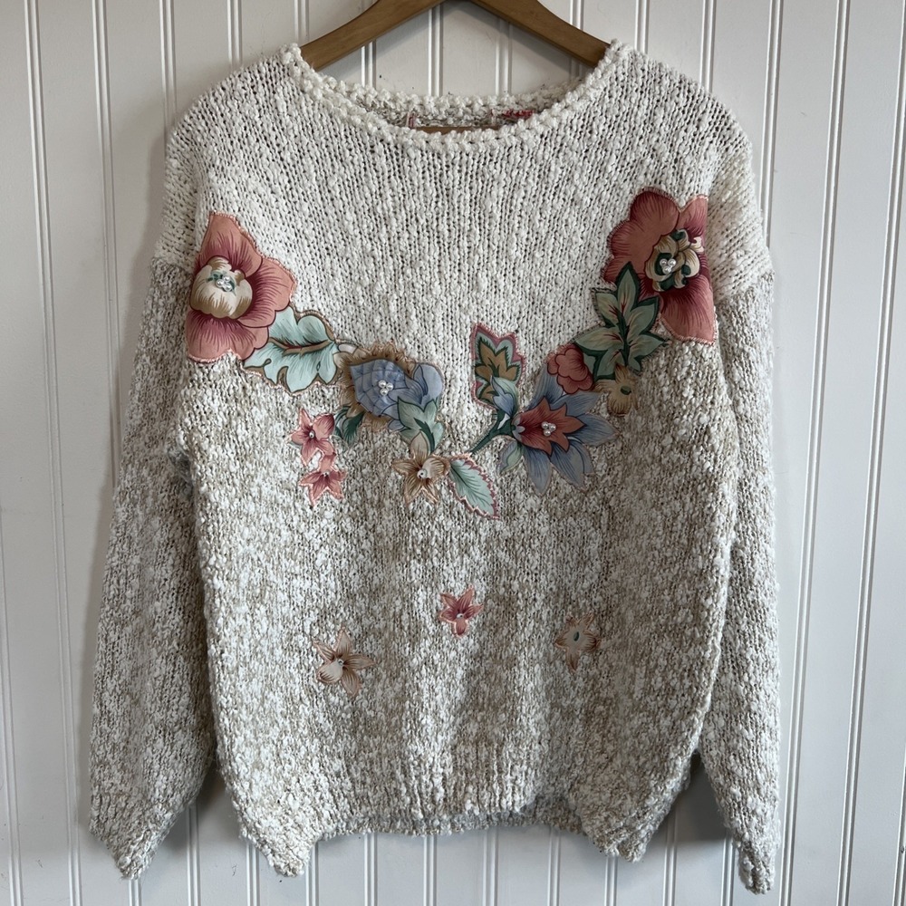 Vintage Sweater Medium Size Soft Cottage Core Floral Pearl Embroidered
